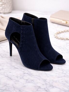 Karen Millen Navy Suede Peep Toe Ankle Booties Stiletto Heels Size 6.5